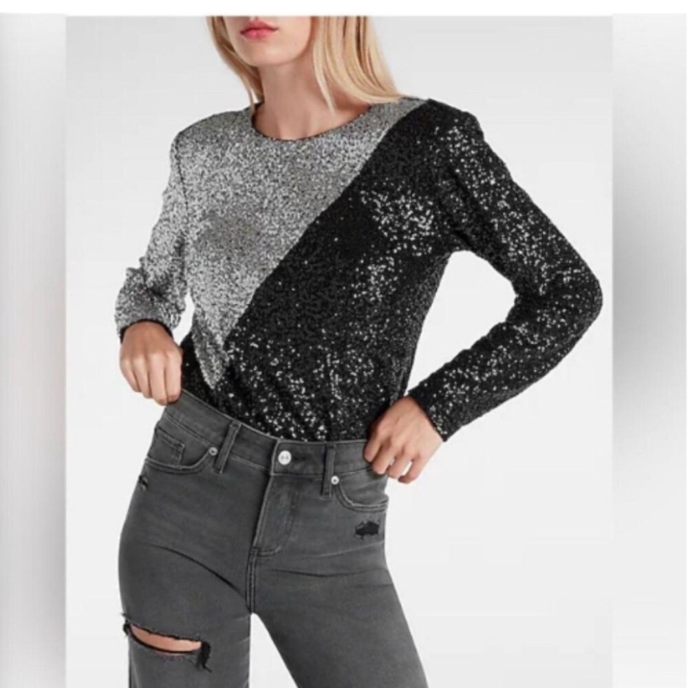 NWT Express Silver and Black Sequin Bodysuit Long Sleeve Woman's Size Small